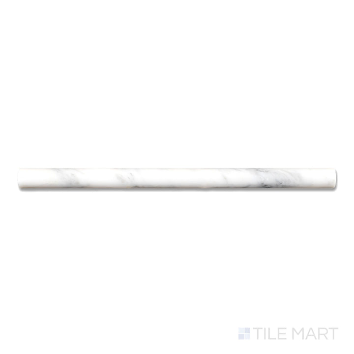 Top-down image of Oriental White Marble 0.75x12 polished standard liner, a slim, glossy liner with bright white marble and light veining.