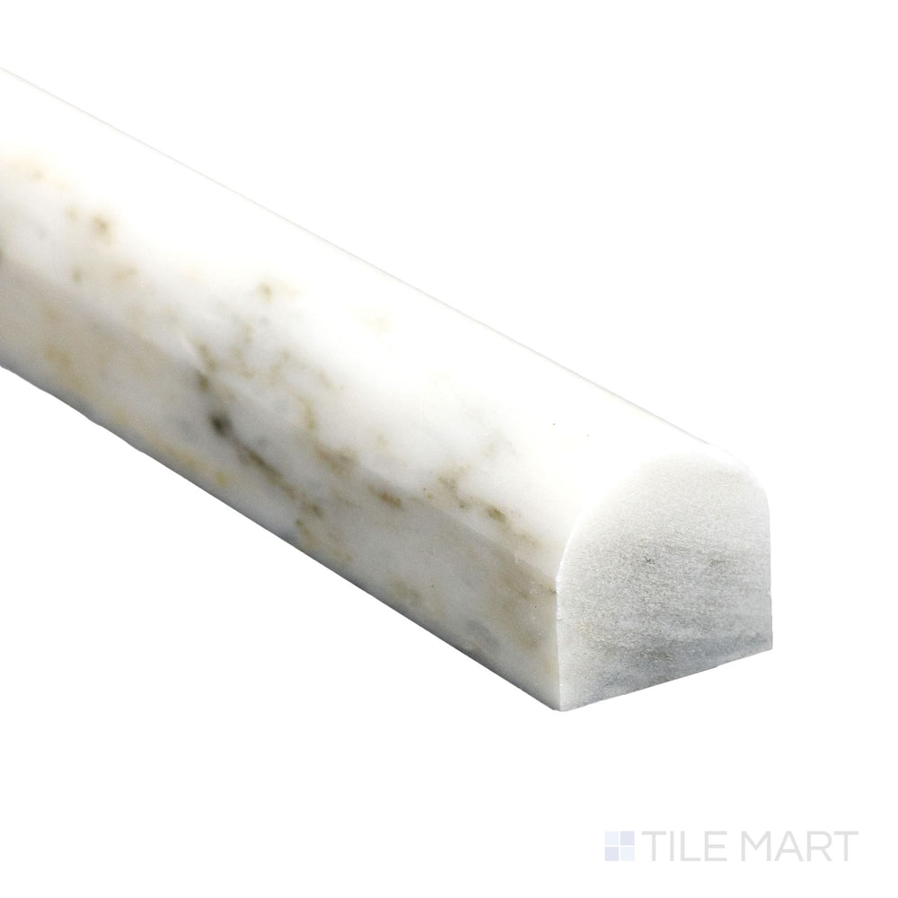 Corner detail of Oriental White Marble 0.75x12 polished standard liner highlighting bright sheen and smooth contour.