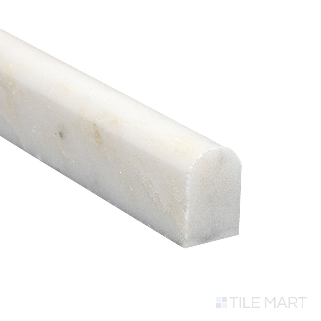 Corner close-up of Oriental White Marble 0.5x12 honed mini liner showing soft matte texture and subtle veining detail.