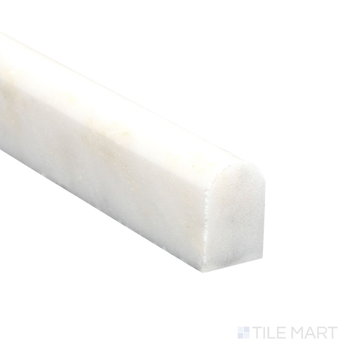 Corner detail of Oriental White Marble 0.5x12 polished mini liner highlighting sleek reflective surface and fine profile.