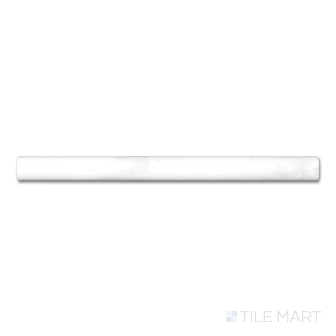 Flat-lay view of Oriental White Marble 1x12 polished quarter round, a rounded marble trim with a sleek, glossy finish and light veining.