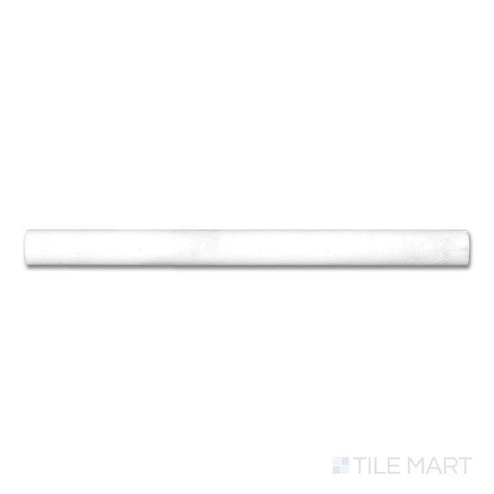 Flat-lay view of Oriental White Marble 1x12 polished quarter round, a rounded marble trim with a sleek, glossy finish and light veining.