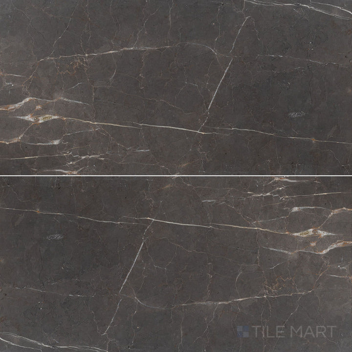 Overhead image of Graphite Marble 12x24 honed tile, showcasing a deep grey hue with a soft matte honed surface.