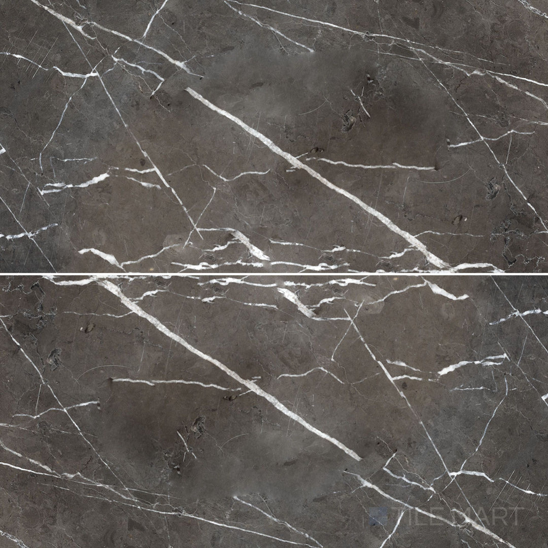 Flat-lay shot of Graphite Marble 12x24 polished tile, offering a refined dark grey marble with a glossy, polished finish.