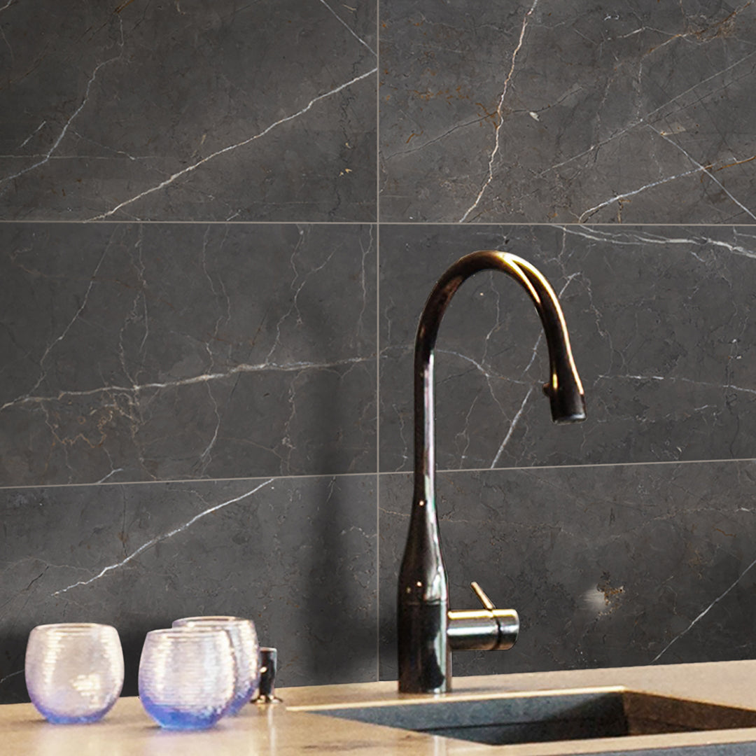 A rich graphite-toned honed marble tile, Graphite Marble 18x18 enhances spaces with depth and contemporary elegance.