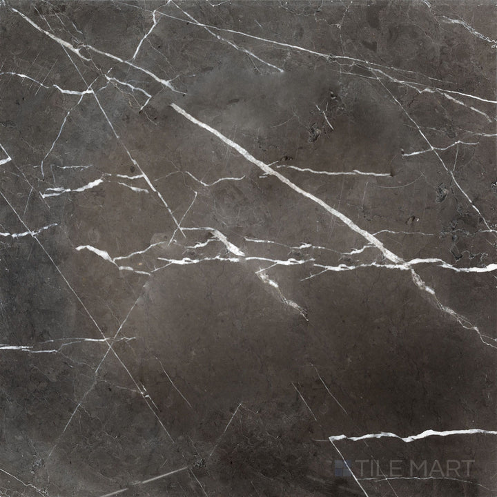Overhead image of Graphite Marble 18x18 polished tile, displaying a polished surface that highlights the deep graphite tones and natural veining.