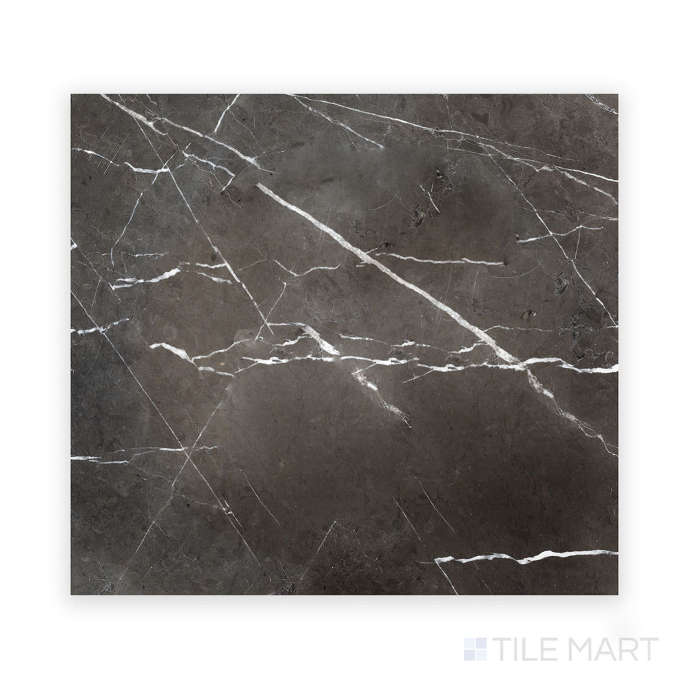 A high-resolution close-up of Graphite Marble 18X18 Polished Tile, featuring a deep, polished sheen that enhances its dramatic veining.