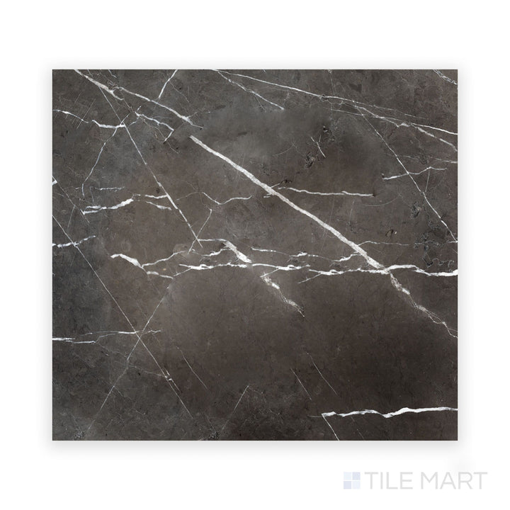 A high-resolution close-up of Graphite Marble 18X18 Polished Tile, featuring a deep, polished sheen that enhances its dramatic veining.