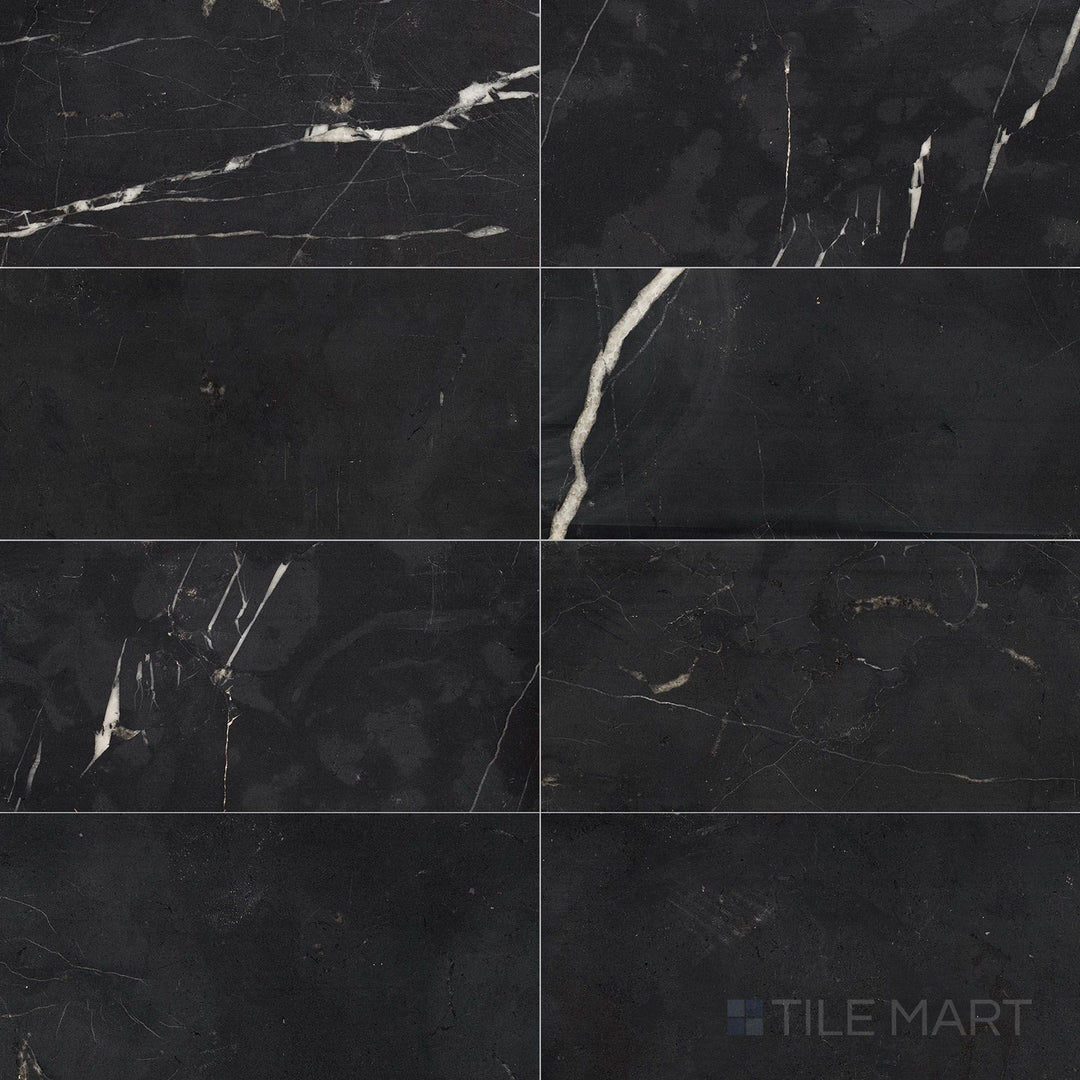 Flat-lay shot of Negro Marquina Marble 3x6 honed tile, showcasing a deep black marble with subtle white veining and a soft honed finish.
