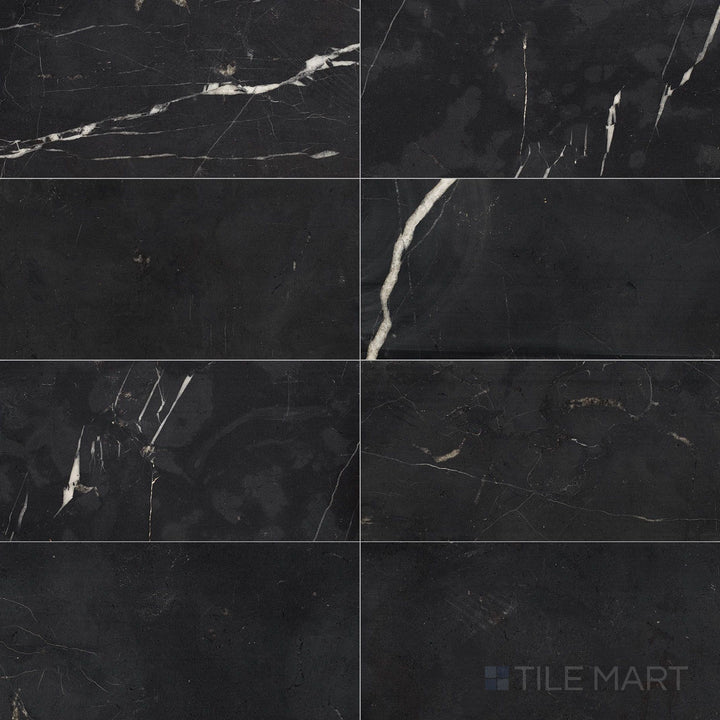Flat-lay shot of Negro Marquina Marble 3x6 honed tile, showcasing a deep black marble with subtle white veining and a soft honed finish.
