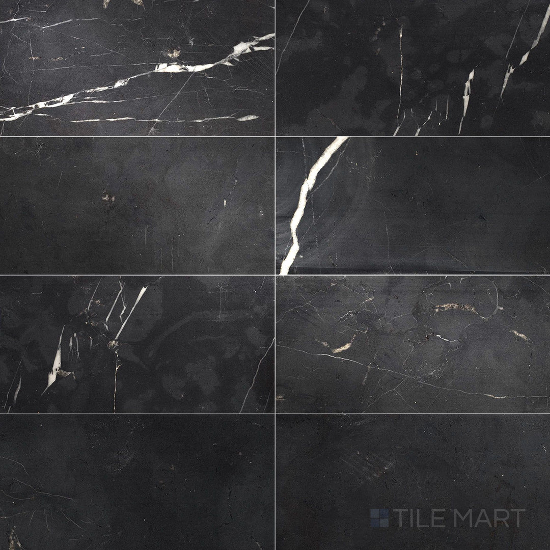Top-down view of Negro Marquina Marble 3x6 polished tile, featuring a high-gloss polished surface that enhances its dramatic black and white veining.