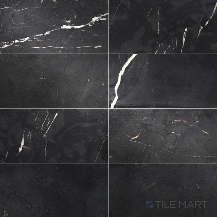 Top-down view of Negro Marquina Marble 3x6 polished tile, featuring a high-gloss polished surface that enhances its dramatic black and white veining.