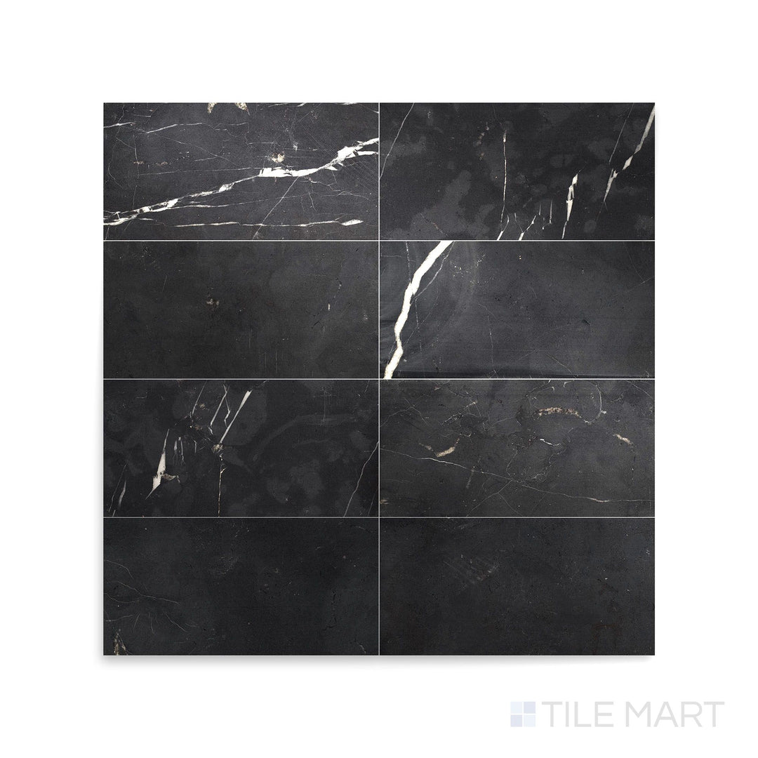 A high-detail view of Negro Marquina Marble 3X6 Polished Tile, featuring an elegant, glossy black surface with striking white veining.