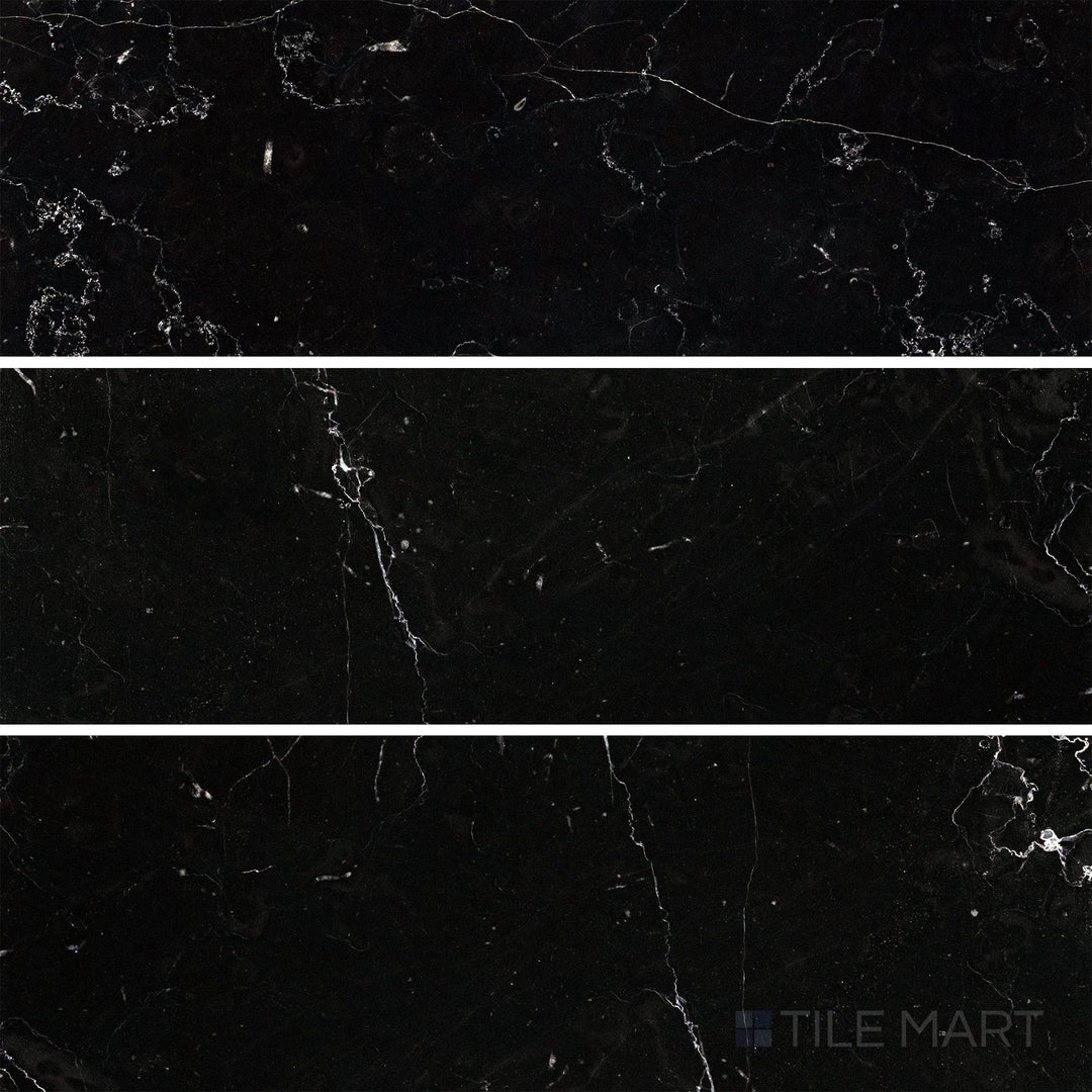 Overhead image of Negro Marquina Marble 4x12 honed tile, offering a sleek rectangular format with a honed, matte texture.
