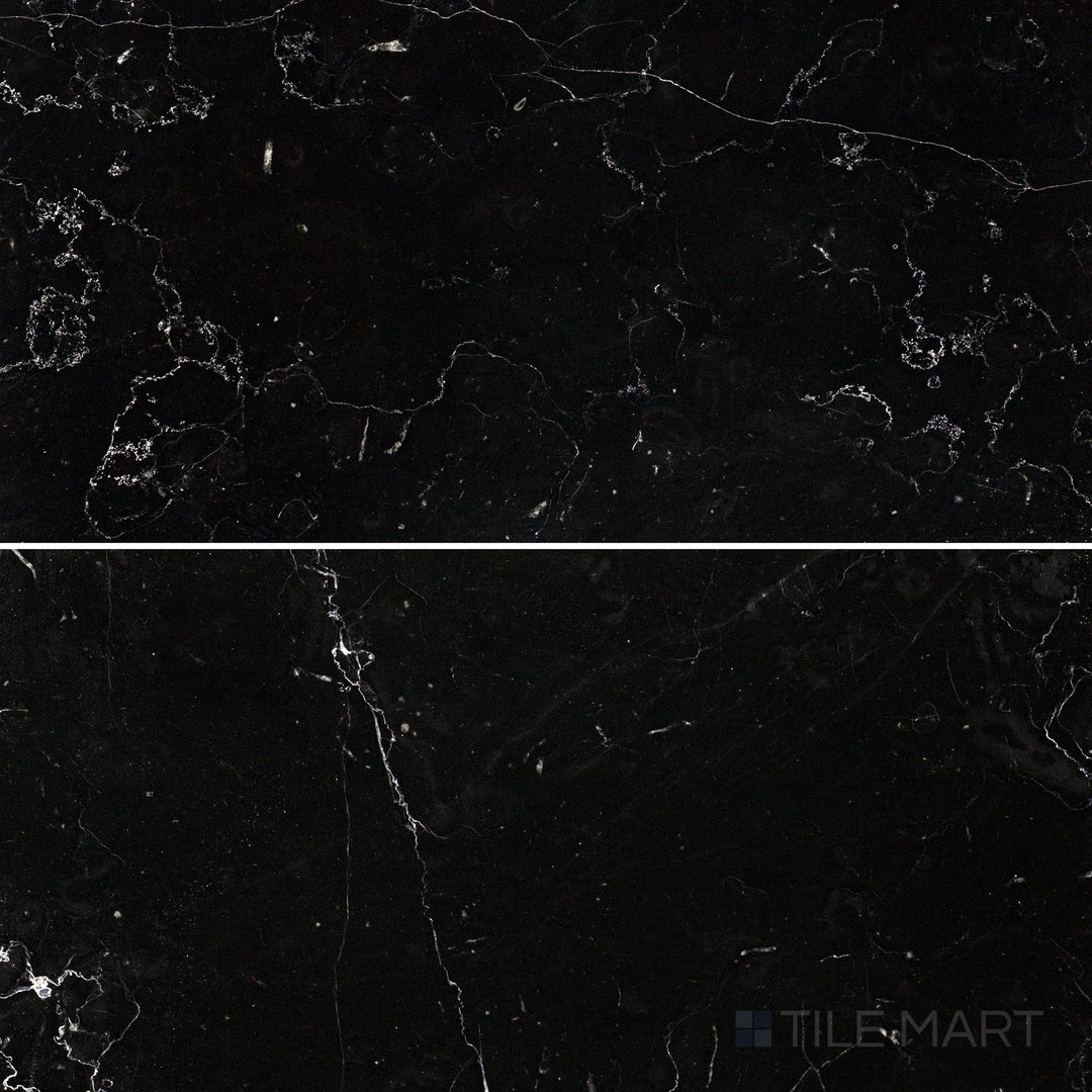 Top-view photo of Negro Marquina Marble 6x12 honed tile, displaying a striking black marble design with a smooth honed texture.