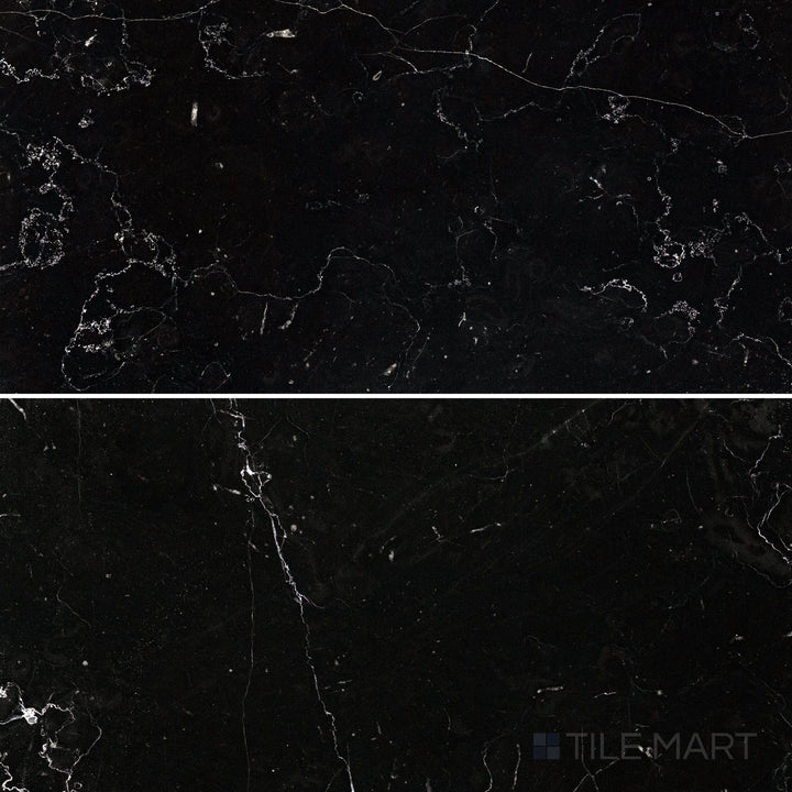 Top-view photo of Negro Marquina Marble 6x12 honed tile, displaying a striking black marble design with a smooth honed texture.