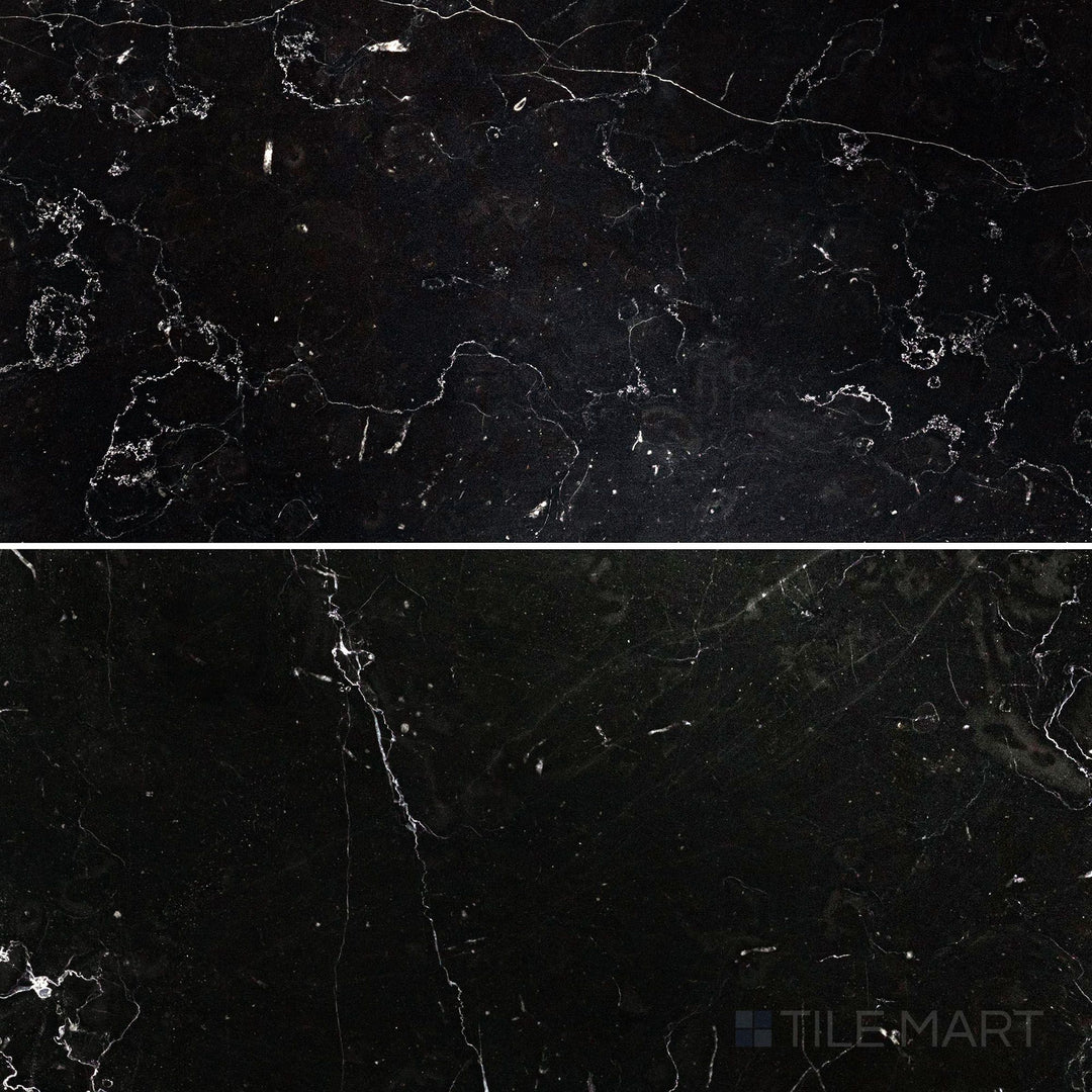 Overhead image of Negro Marquina Marble 6x12 polished tile, showcasing a polished finish that enhances the contrast between black and white veining.