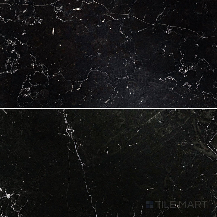 Overhead image of Negro Marquina Marble 6x12 polished tile, showcasing a polished finish that enhances the contrast between black and white veining.