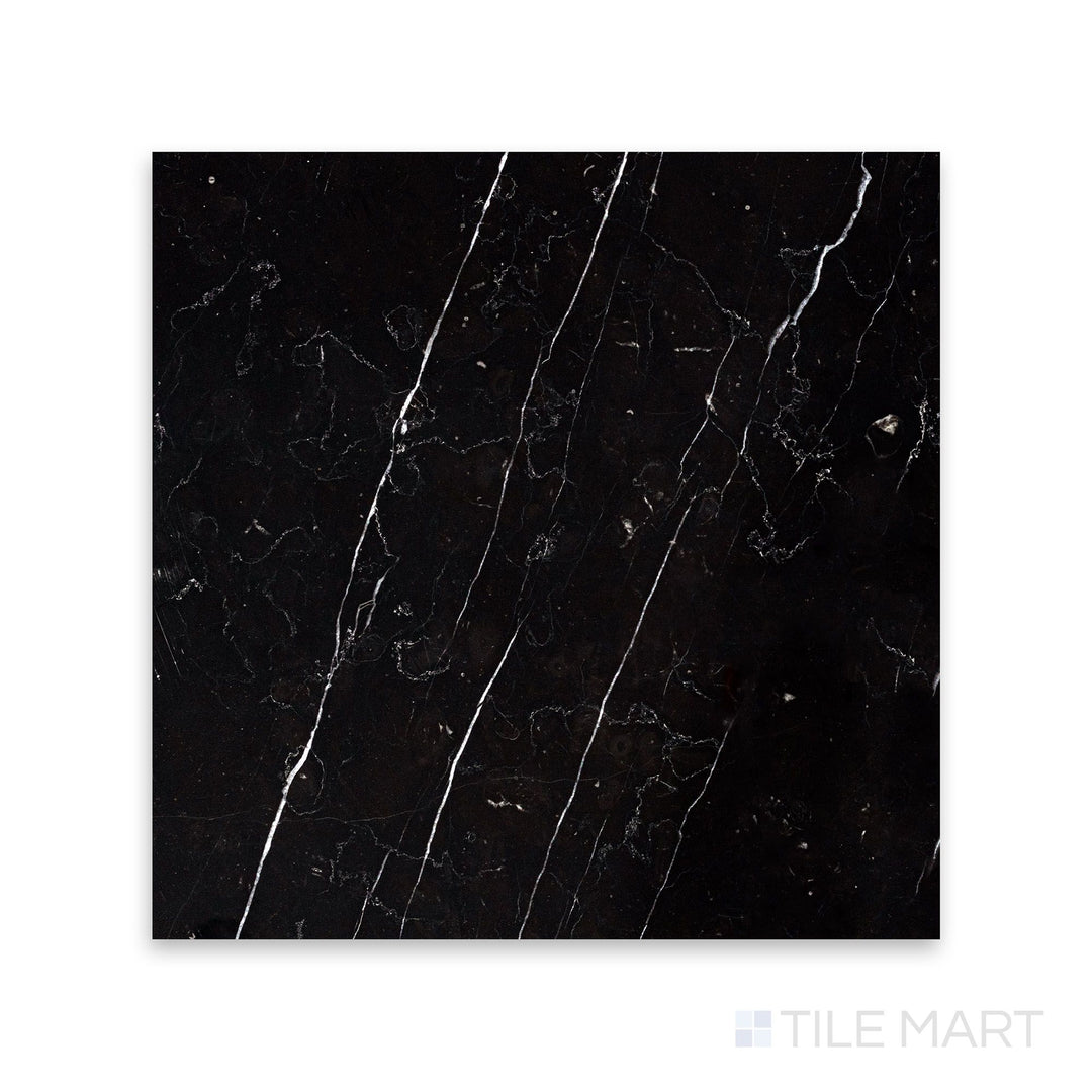 A sharp close-up of Negro Marquina Marble 12X12 Honed Tile, featuring a sophisticated, non-reflective finish with a deep black tone.
