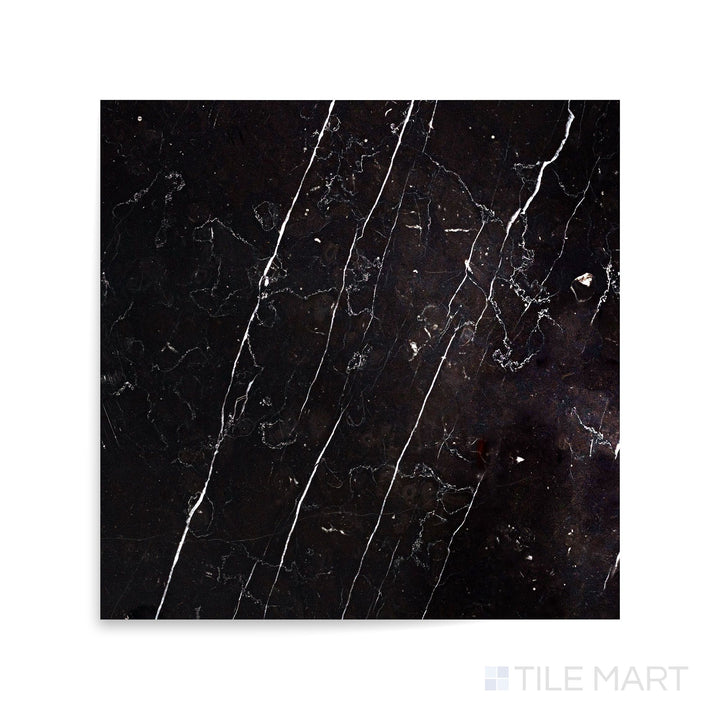 Zoomed-in perspective of Negro Marquina Marble 12X12 Polished Tile, highlighting its rich color and glossy surface.