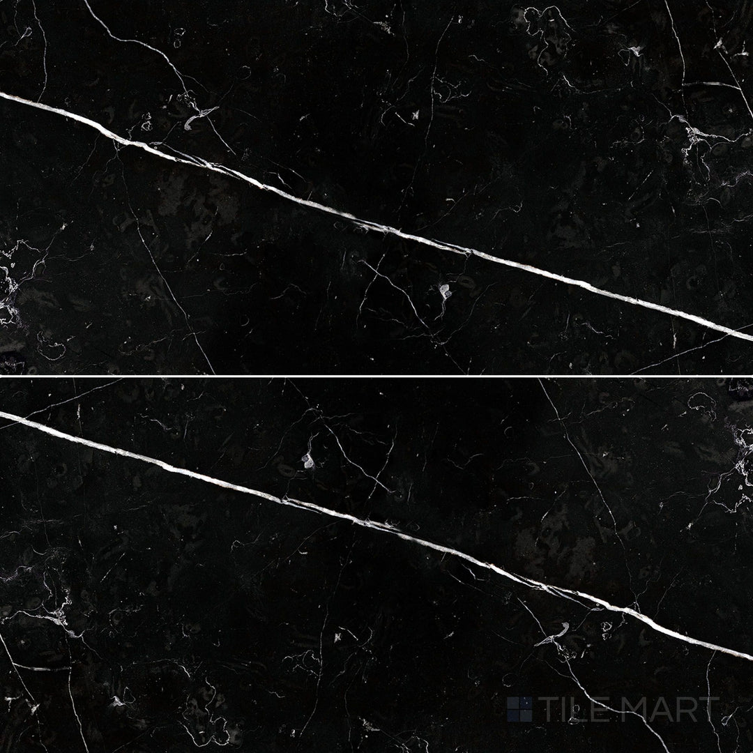 Overhead image of Negro Marquina Marble 12x24 honed tile, showcasing a sleek rectangular format with a smooth matte honed finish.