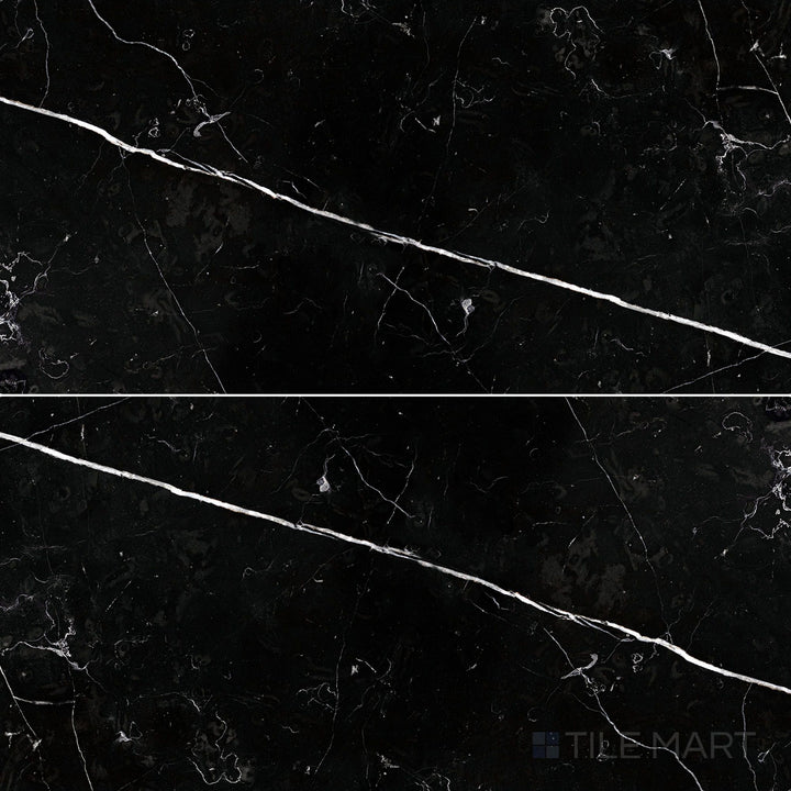 Overhead image of Negro Marquina Marble 12x24 honed tile, showcasing a sleek rectangular format with a smooth matte honed finish.