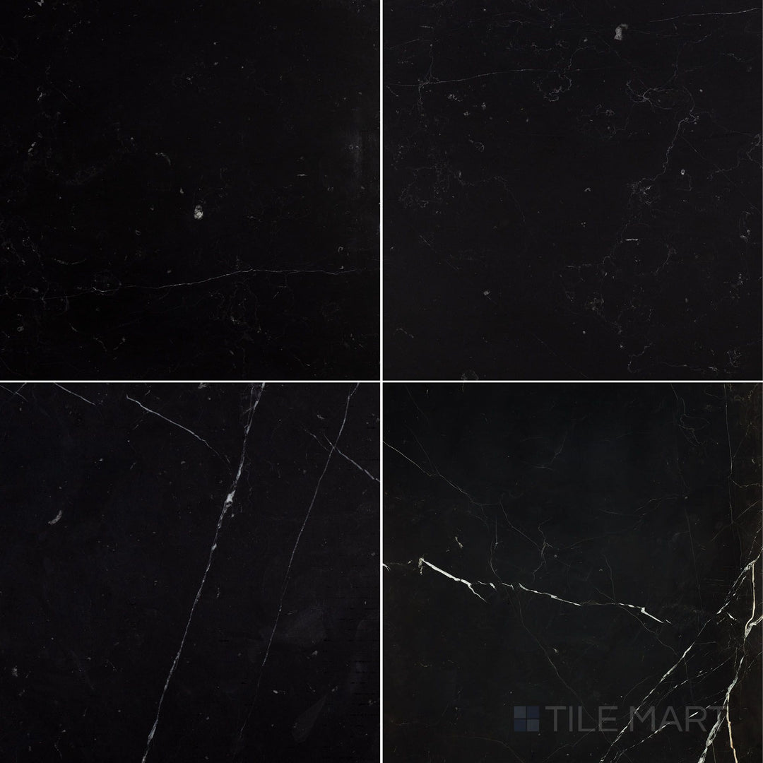 Top-view photo of Negro Marquina Marble 18x18 honed tile, offering a classic square format with a soft honed texture.