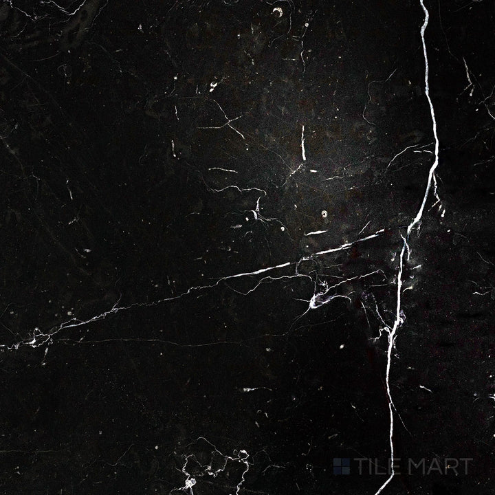 Overhead image of Negro Marquina Marble 18x18 polished tile, displaying a high-gloss polished surface that highlights the natural white veining.