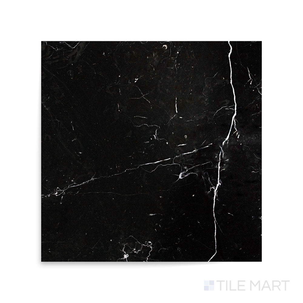 High-definition close-up of Negro Marquina Marble 18X18 Polished Tile, featuring a dramatic black surface with crisp white veining.
