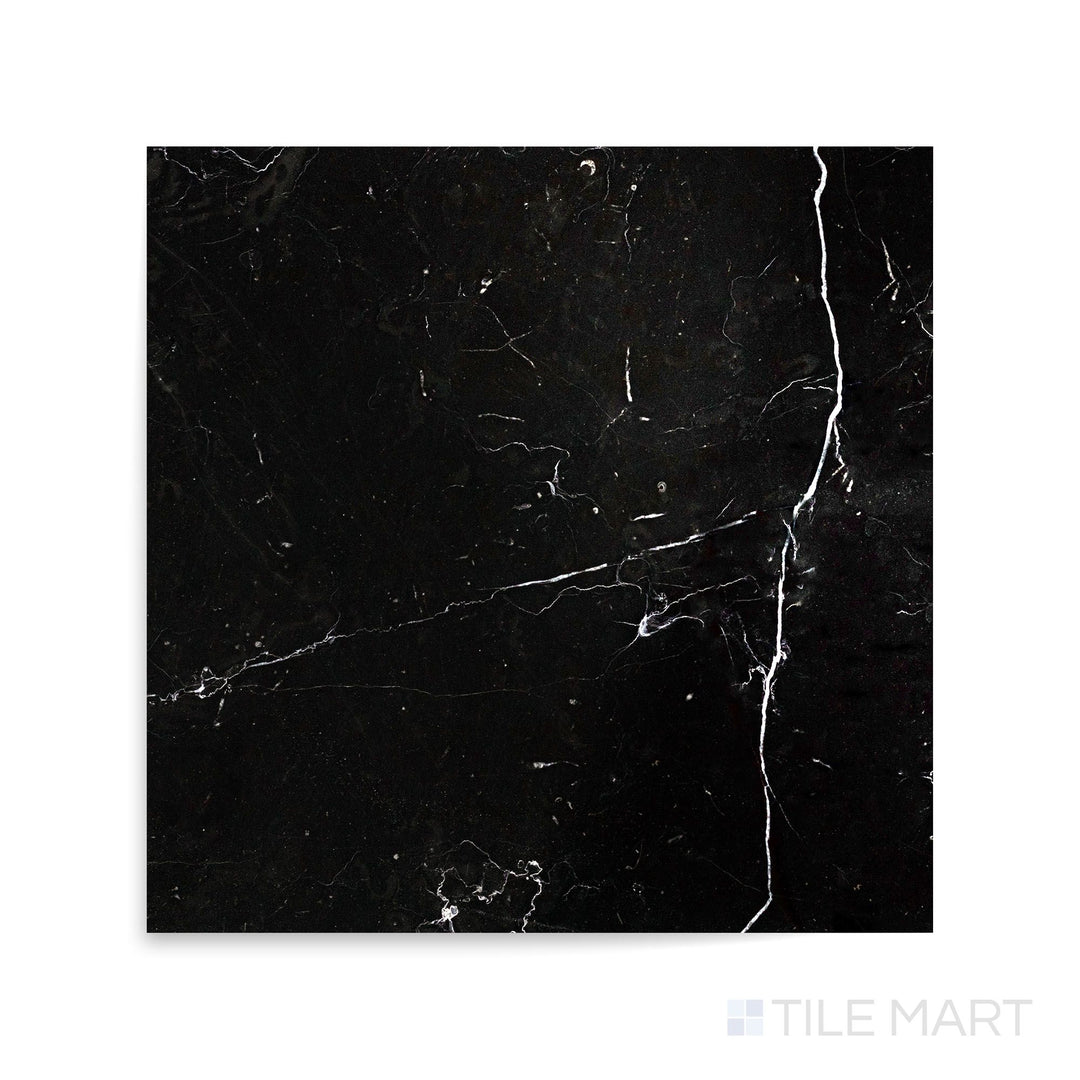 High-definition close-up of Negro Marquina Marble 18X18 Polished Tile, featuring a dramatic black surface with crisp white veining.