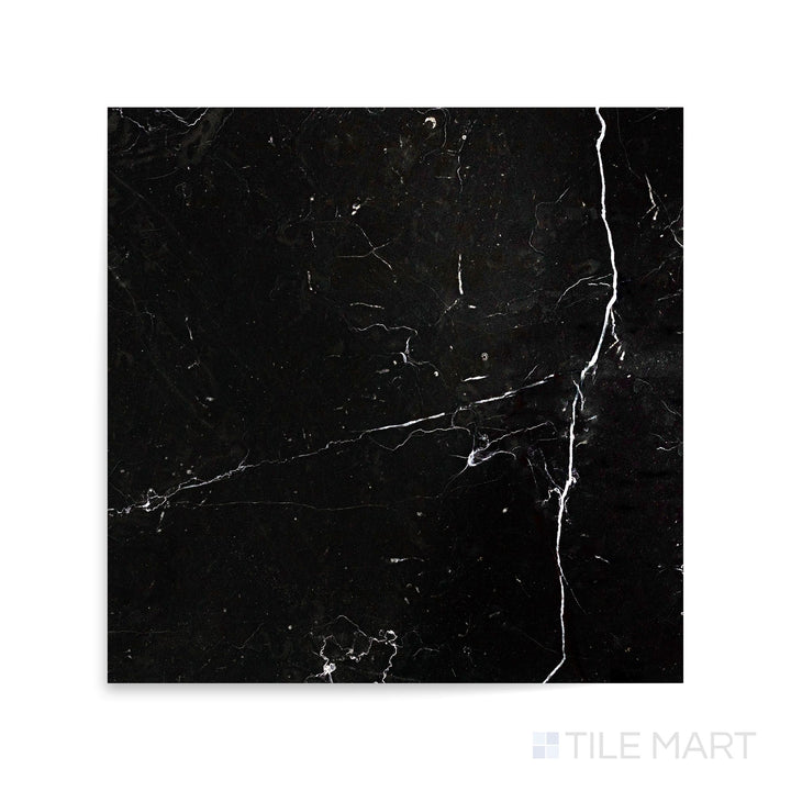 High-definition close-up of Negro Marquina Marble 18X18 Polished Tile, featuring a dramatic black surface with crisp white veining.