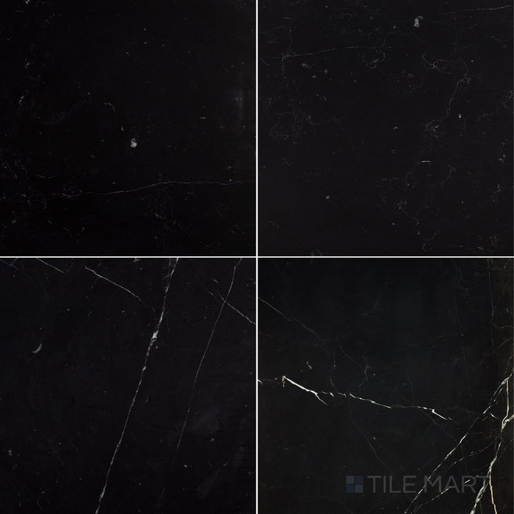 Flat-lay shot of Negro Marquina Marble 24x24 honed tile, featuring a large square format with a refined honed matte finish.