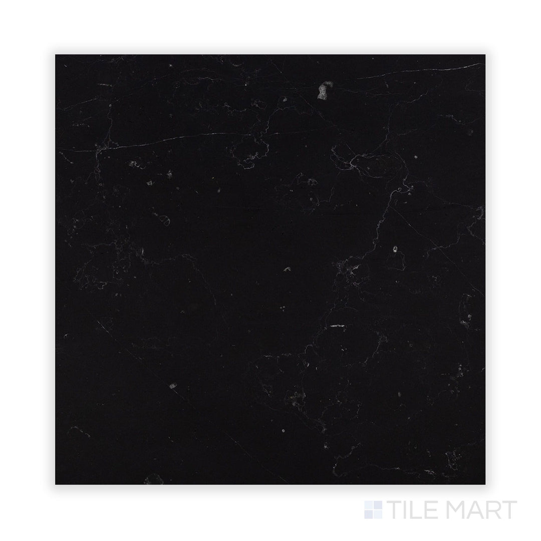 A fine-detail capture of Negro Marquina Marble 24X24 Honed Tile, highlighting its subtle sheen and soft, honed finish.