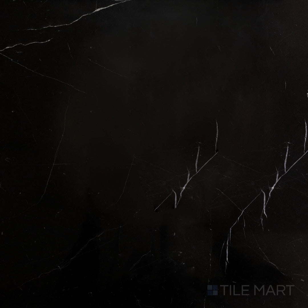 Top-down view of Negro Marquina Marble 24x24 polished tile, offering a smooth reflective finish that enhances its deep black color.