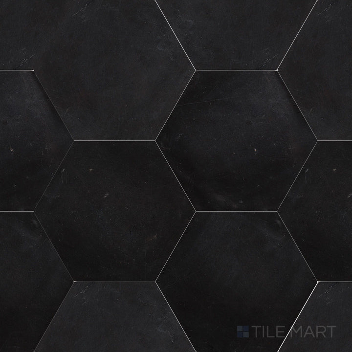 Overhead image of Negro Marquina Marble 6" hexagon honed tile, showcasing a geometric hexagonal pattern with a soft honed surface.
