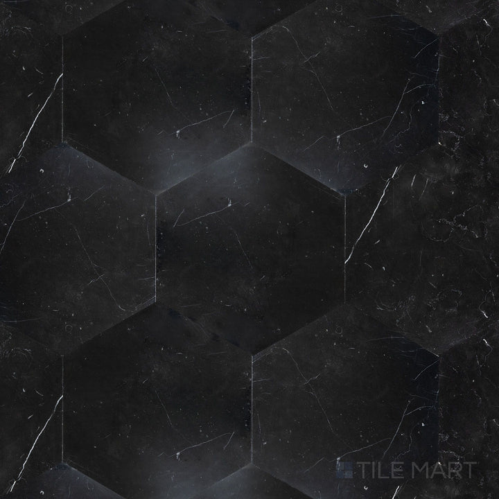 Flat-lay shot of Negro Marquina Marble 6" hexagon polished tile, featuring a sleek polished finish that highlights its bold veining.