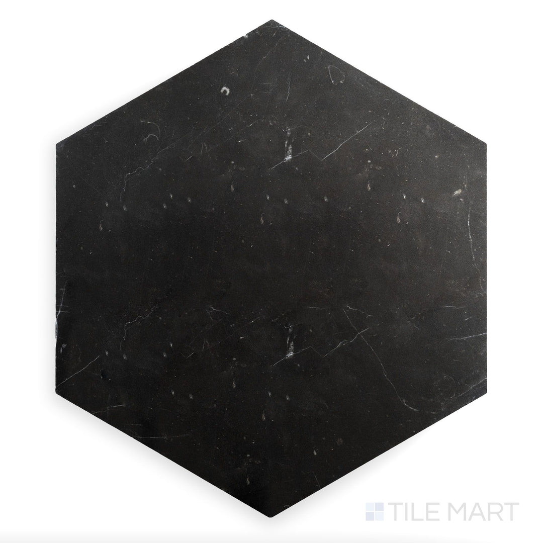 A close-up look at Negro Marquina Marble 6" Hexagon Polished Tile, featuring a refined black base with a mirror-like glossy surface.