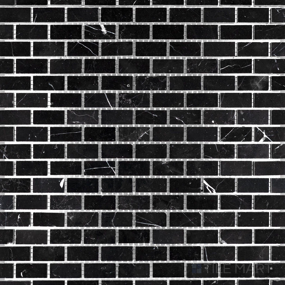 Top-view photo of Negro Marquina Marble 5/8x1-1/4 brick honed mosaic, offering a compact brick pattern with a smooth honed texture.
