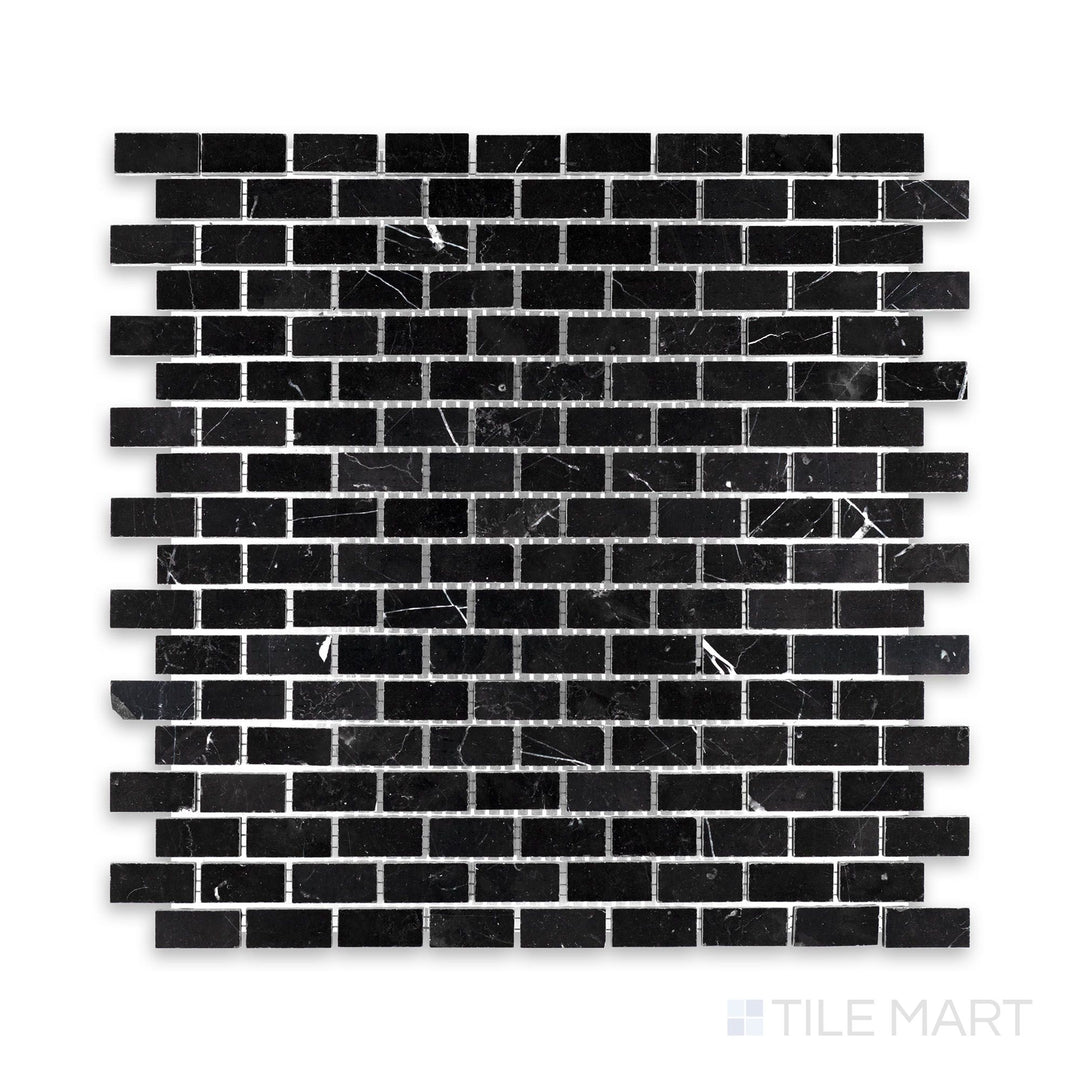 Zoomed-in view of Negro Marquina Marble 5/8X1-1/4 Brick Honed Mosaic, highlighting its structured layout and rich black tones.