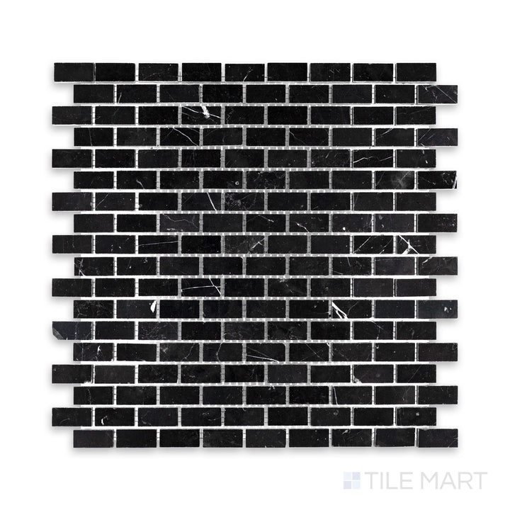 Zoomed-in view of Negro Marquina Marble 5/8X1-1/4 Brick Honed Mosaic, highlighting its structured layout and rich black tones.