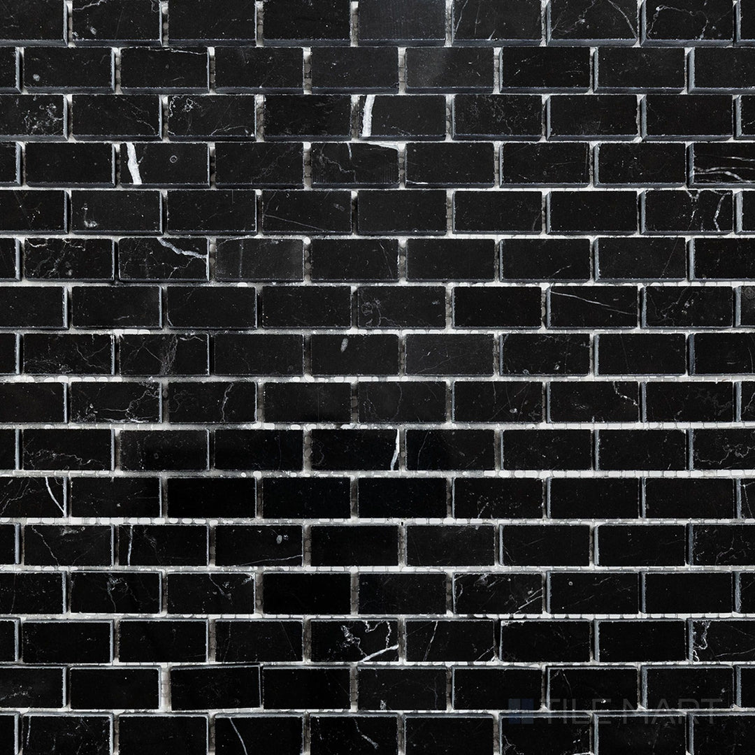 Overhead image of Negro Marquina Marble 5/8x1-1/4 brick polished mosaic, displaying a glossy brick arrangement that enhances its luxurious aesthetic.