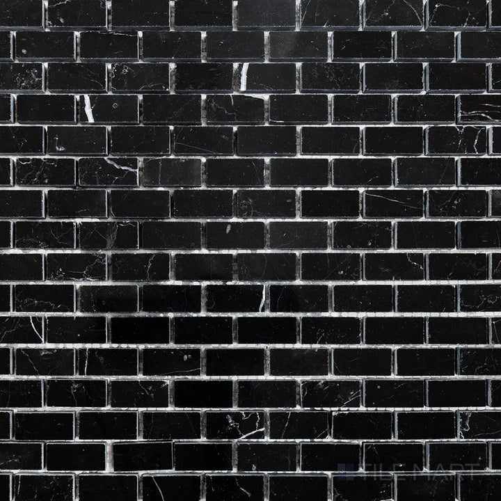Overhead image of Negro Marquina Marble 5/8x1-1/4 brick polished mosaic, displaying a glossy brick arrangement that enhances its luxurious aesthetic.