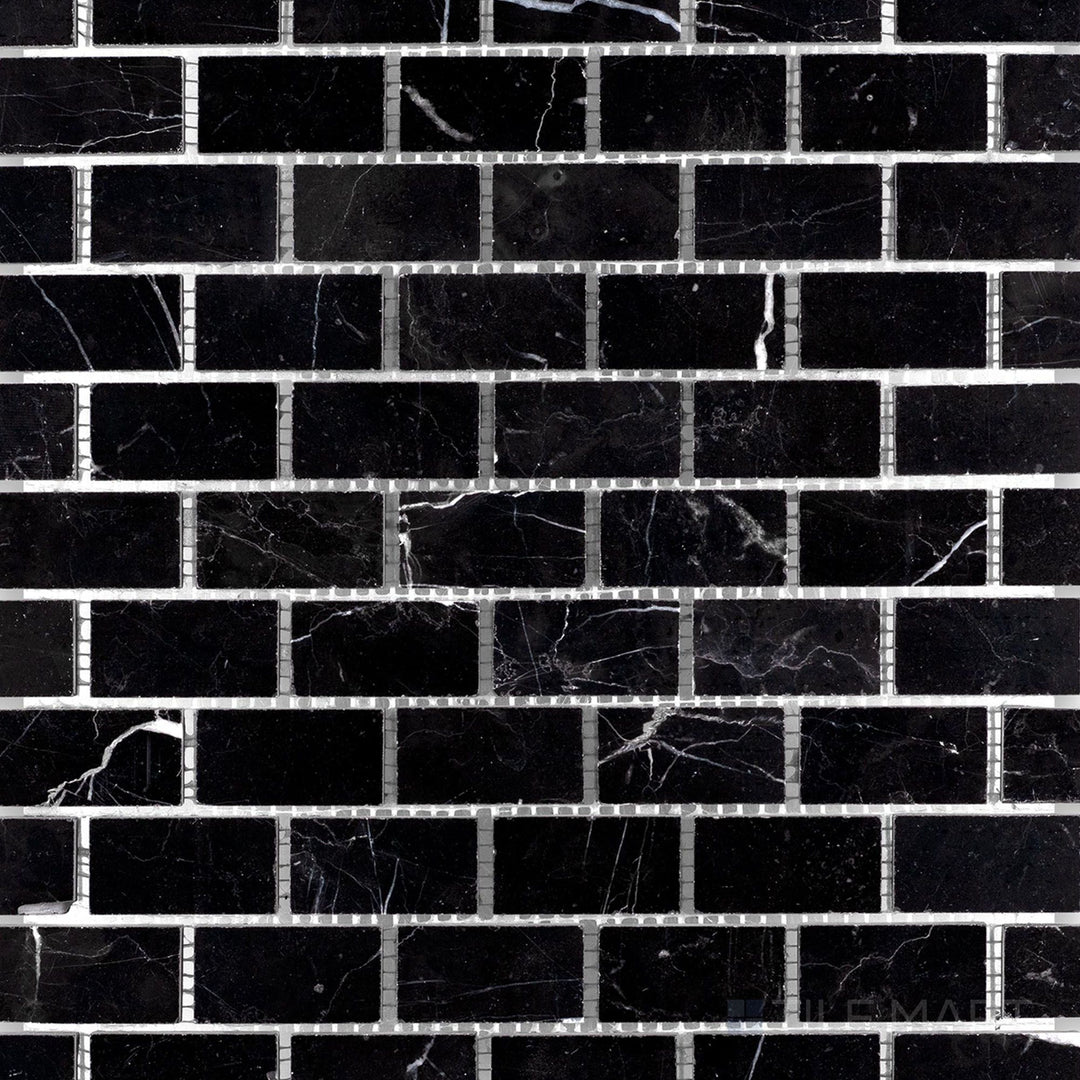 Flat-lay shot of Negro Marquina Marble 1x2 brick honed mosaic, featuring a sleek rectangular layout with a honed matte surface.