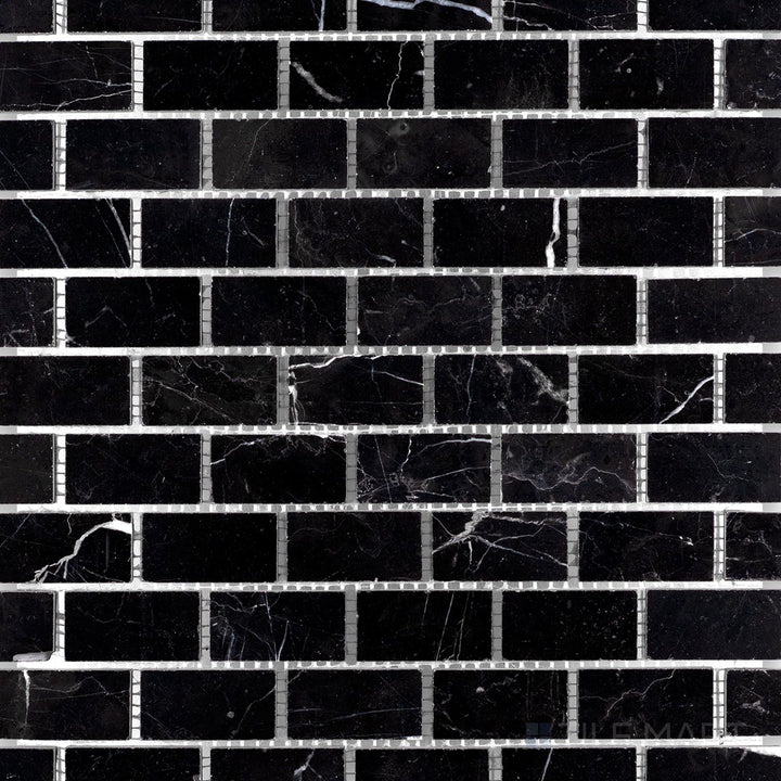 Flat-lay shot of Negro Marquina Marble 1x2 brick honed mosaic, featuring a sleek rectangular layout with a honed matte surface.