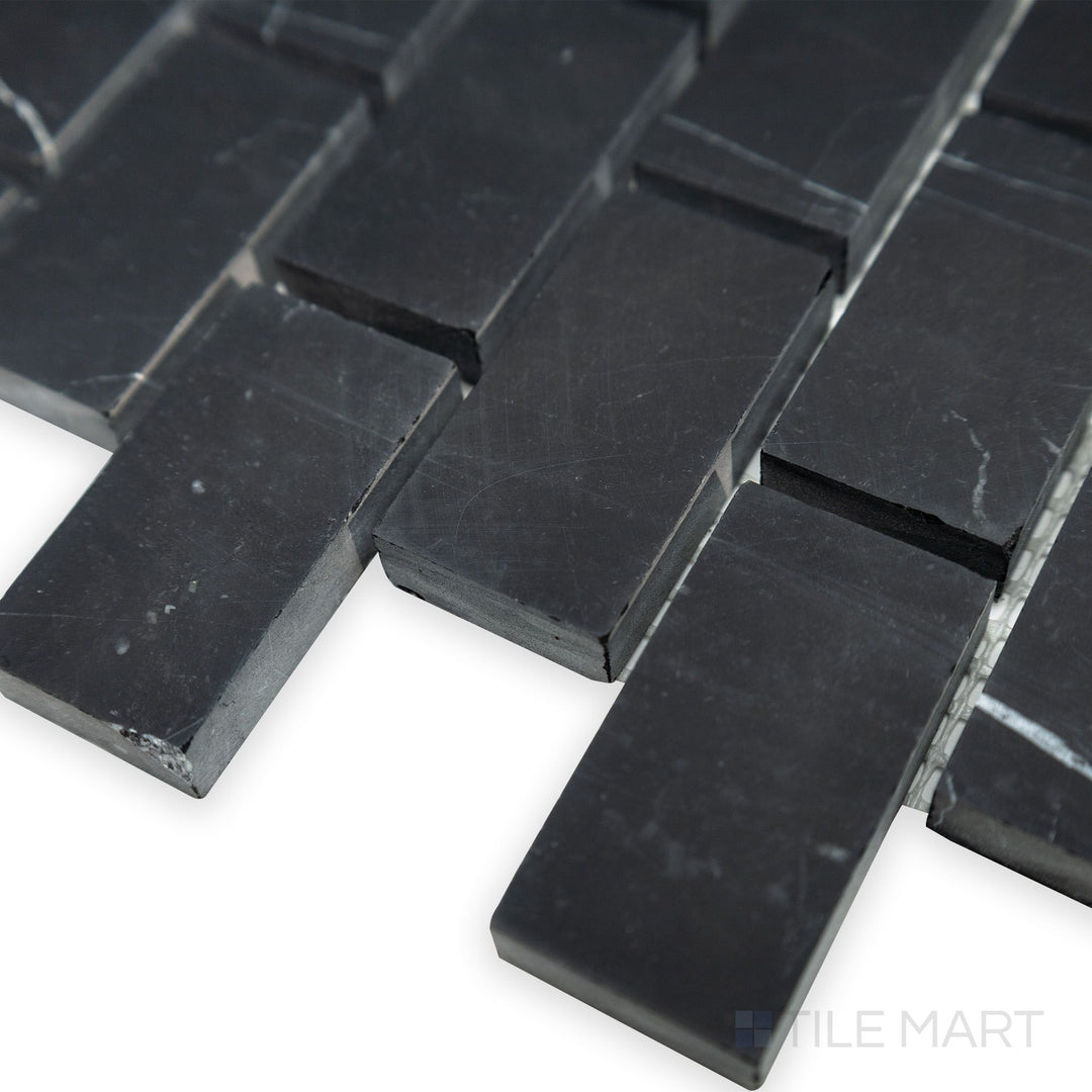 A classic brick arrangement is captured in this close-up corner shot of Negro Marquina Marble 1x2 brick honed mosaic, enhancing its natural stone texture.