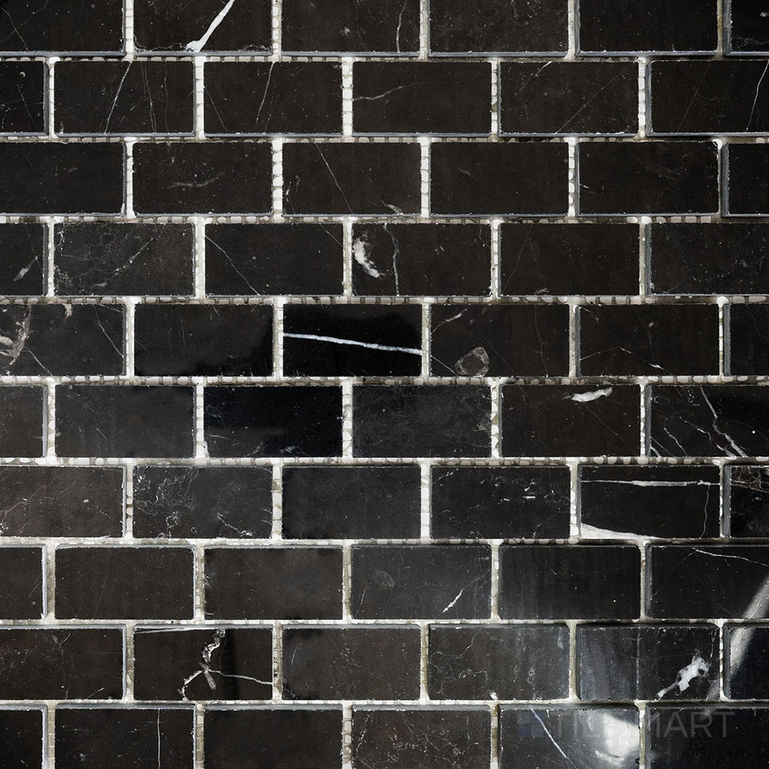 Top-down view of Negro Marquina Marble 1x2 brick polished mosaic, showcasing a glossy finish that enhances the bold black marble design.
