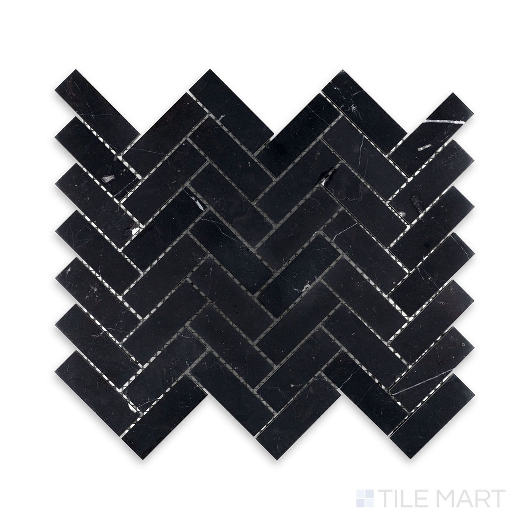A sharp close-up of Negro Marquina Marble 1X3 Herringbone Honed Mosaic, featuring a rich black base with a subtle matte finish.