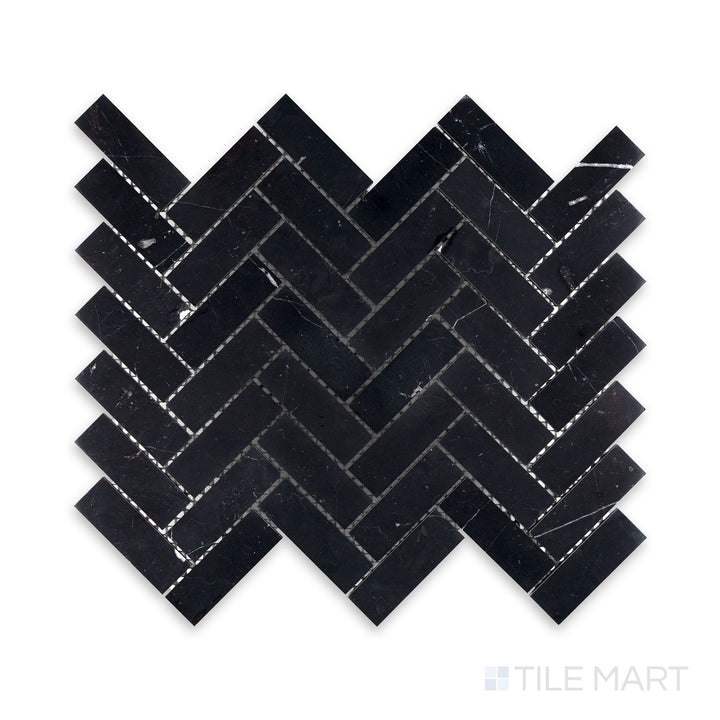 A sharp close-up of Negro Marquina Marble 1X3 Herringbone Honed Mosaic, featuring a rich black base with a subtle matte finish.