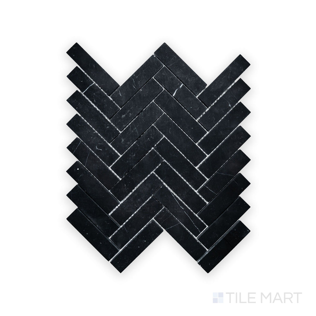Zoomed-in view of Negro Marquina Marble 1X4 Herringbone Honed Mosaic, highlighting its structured layout with a soft, honed texture.