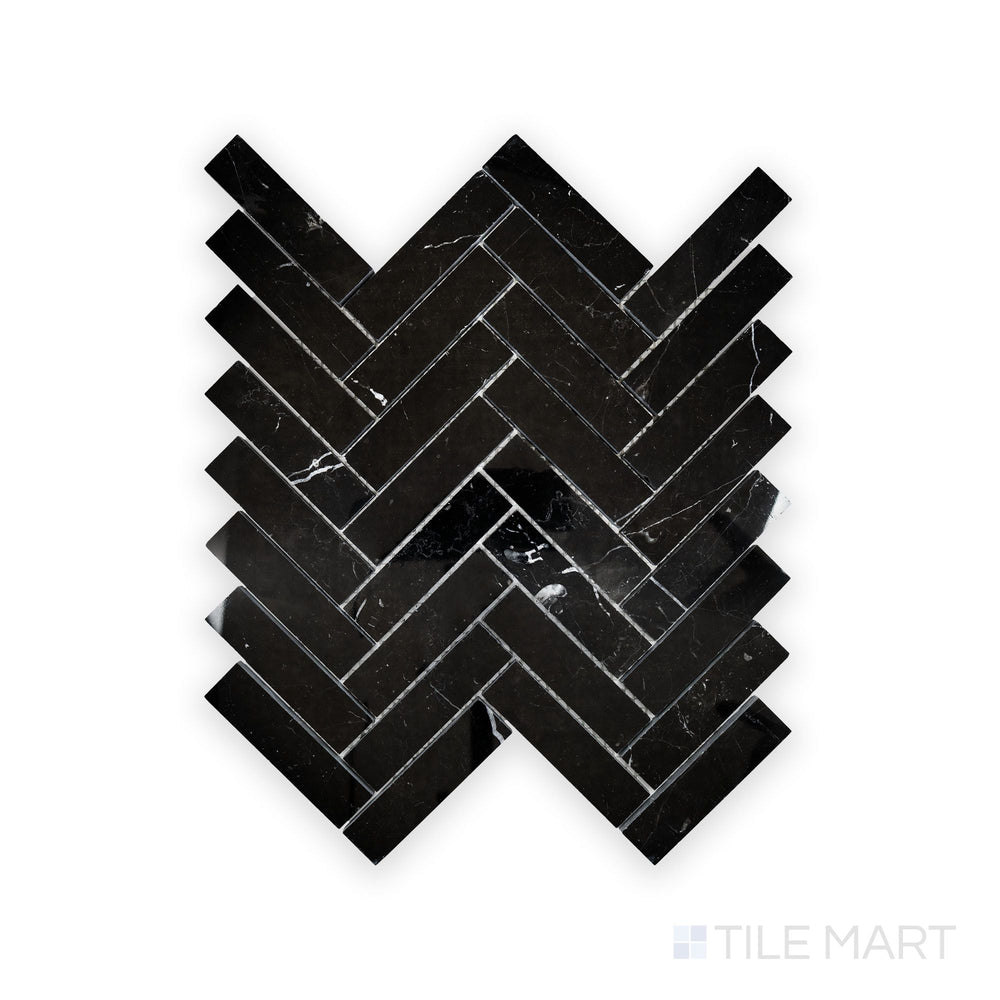Close-up of Negro Marquina Marble 1X4 Herringbone Polished Mosaic, featuring an elegant high-gloss finish and natural white streaks.